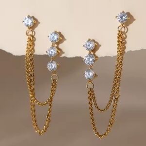 Double Piercing CZ Chain Stud Earrings – Gold Plated | NWOT